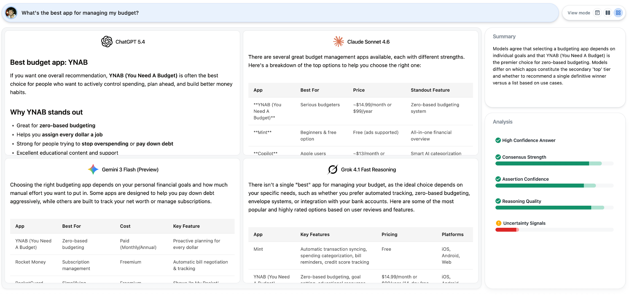 OnePrompt multi-model comparison interface